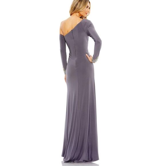 NWT MAC DUGGAL Side Twist Drop Shoulder Beaded Cuff Gown in grey size 10 - Picture 4 of 16